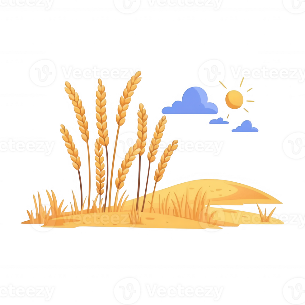 A vibrant graphic depiction of wheat stalks swaying in a golden field under a bright sun and fluffy clouds, illustrating nature's beauty and agricultural abundance. png