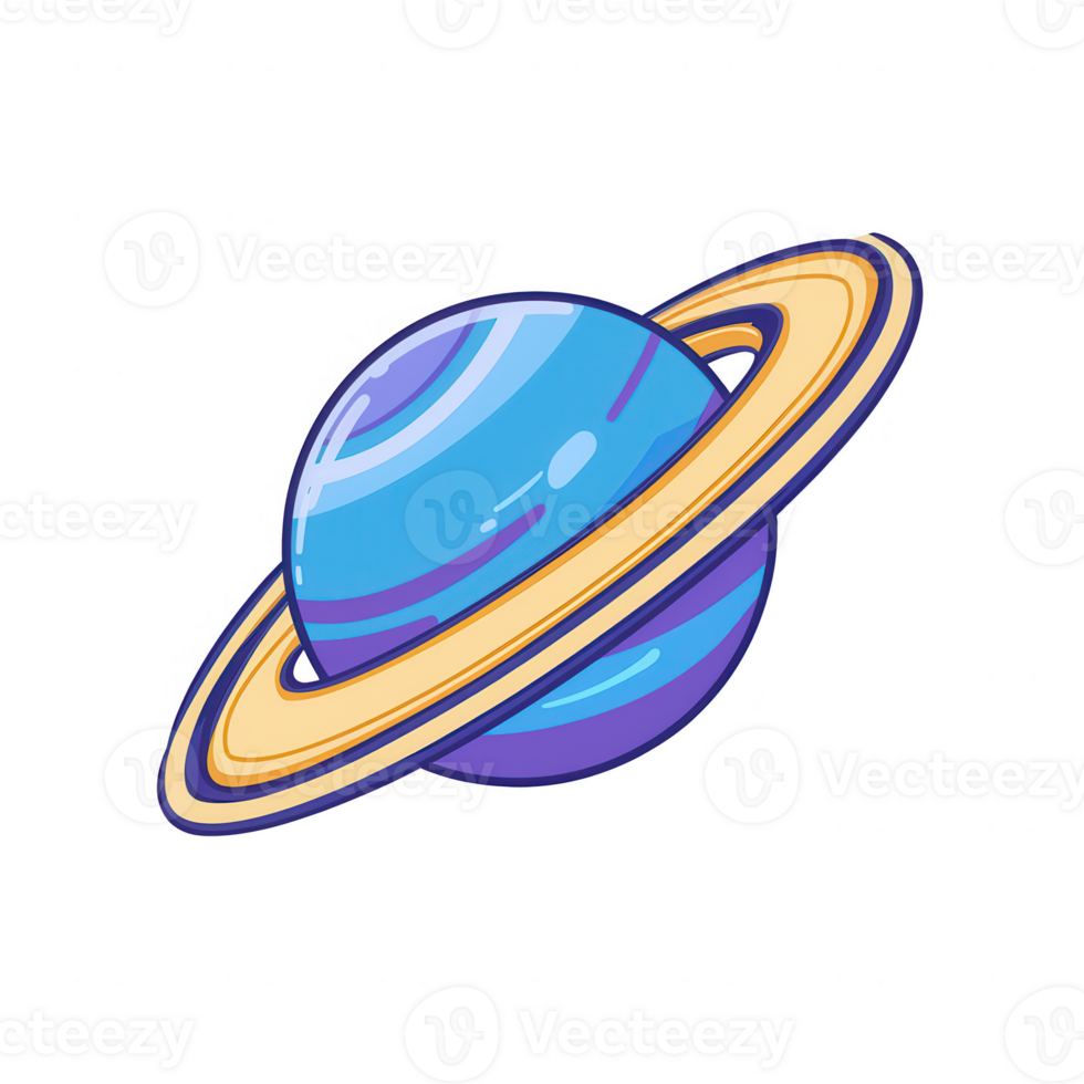 A vibrant illustration of a blue planet with striking rings, set against a transparent background, perfect for educational and creative projects. png
