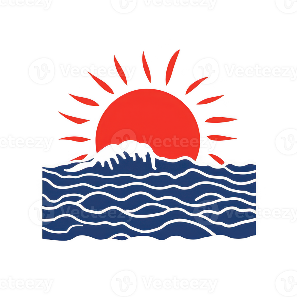 A vibrant illustration featuring a red sun rising above stylized waves. The design captures the essence of a sunny day with dynamic elements. png
