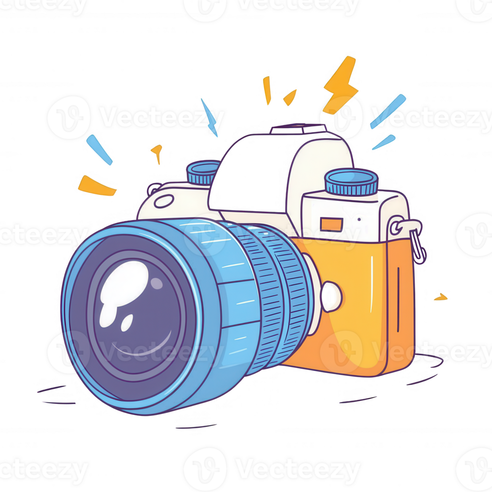 A vibrant illustration of a digital camera with a bright lens, surrounded by playful bursts and accents, perfect for emphasizing photography themes. png