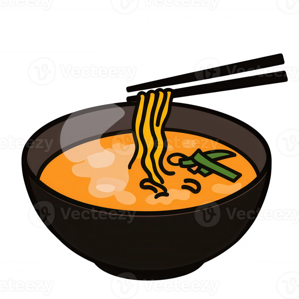A vibrant illustration of a bowl of ramen noodles with chopsticks, showcasing rich colors and appetizing details in a modern style. png