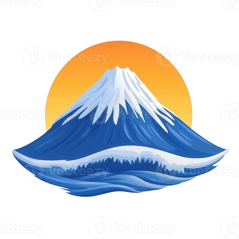 A vibrant illustration of a snow-capped mountain against a colorful sunset. The mountain is beautifully detailed with deep blue slopes and white peaks, creating a serene view. png