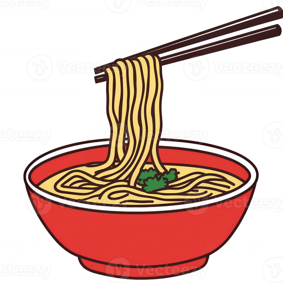 A vibrant illustration of a bowl of noodles with chopsticks, showcasing a delicious meal ready to be enjoyed. png