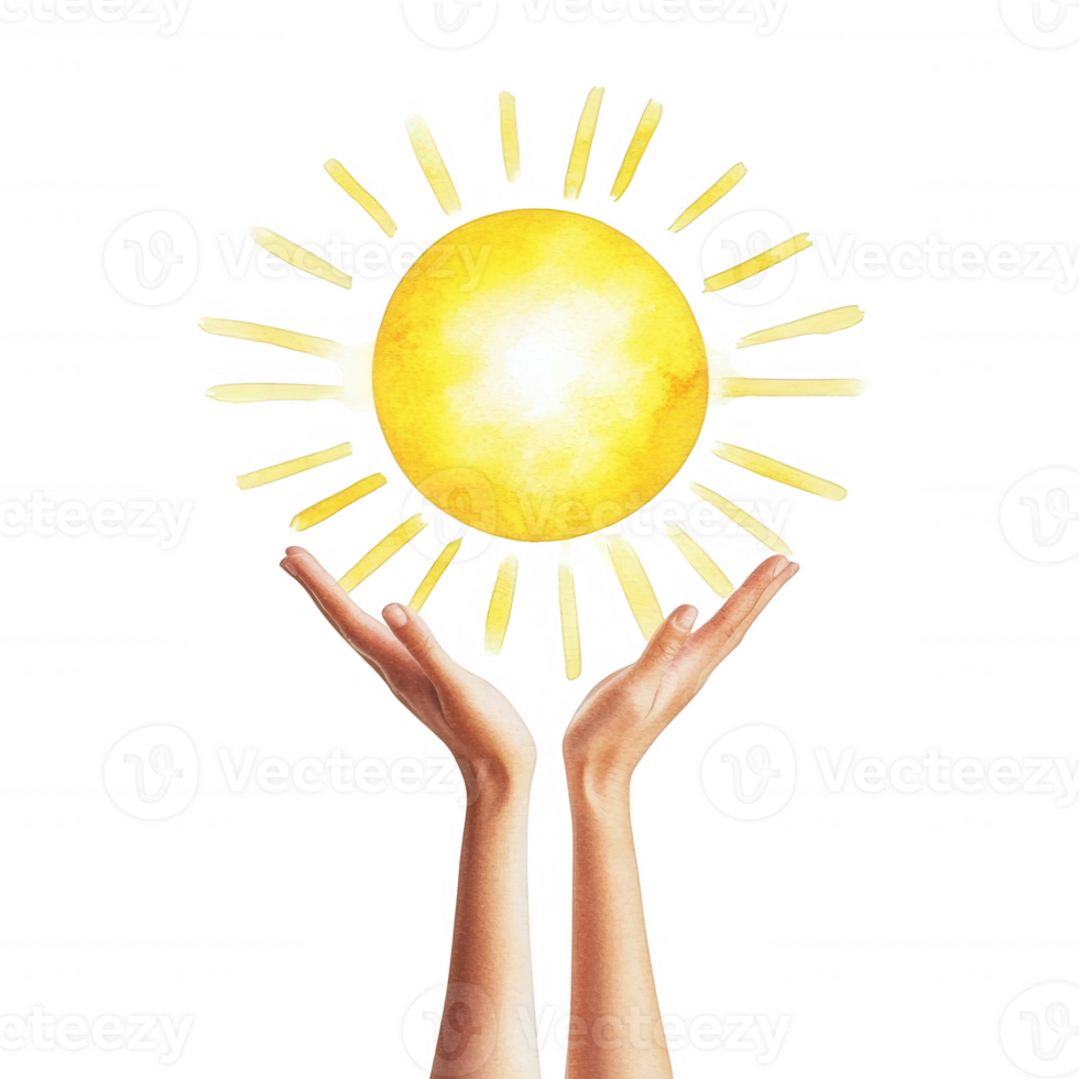 A vibrant illustration of hands holding a bright sun, symbolizing warmth, hope, and positivity against a white isolated background. png