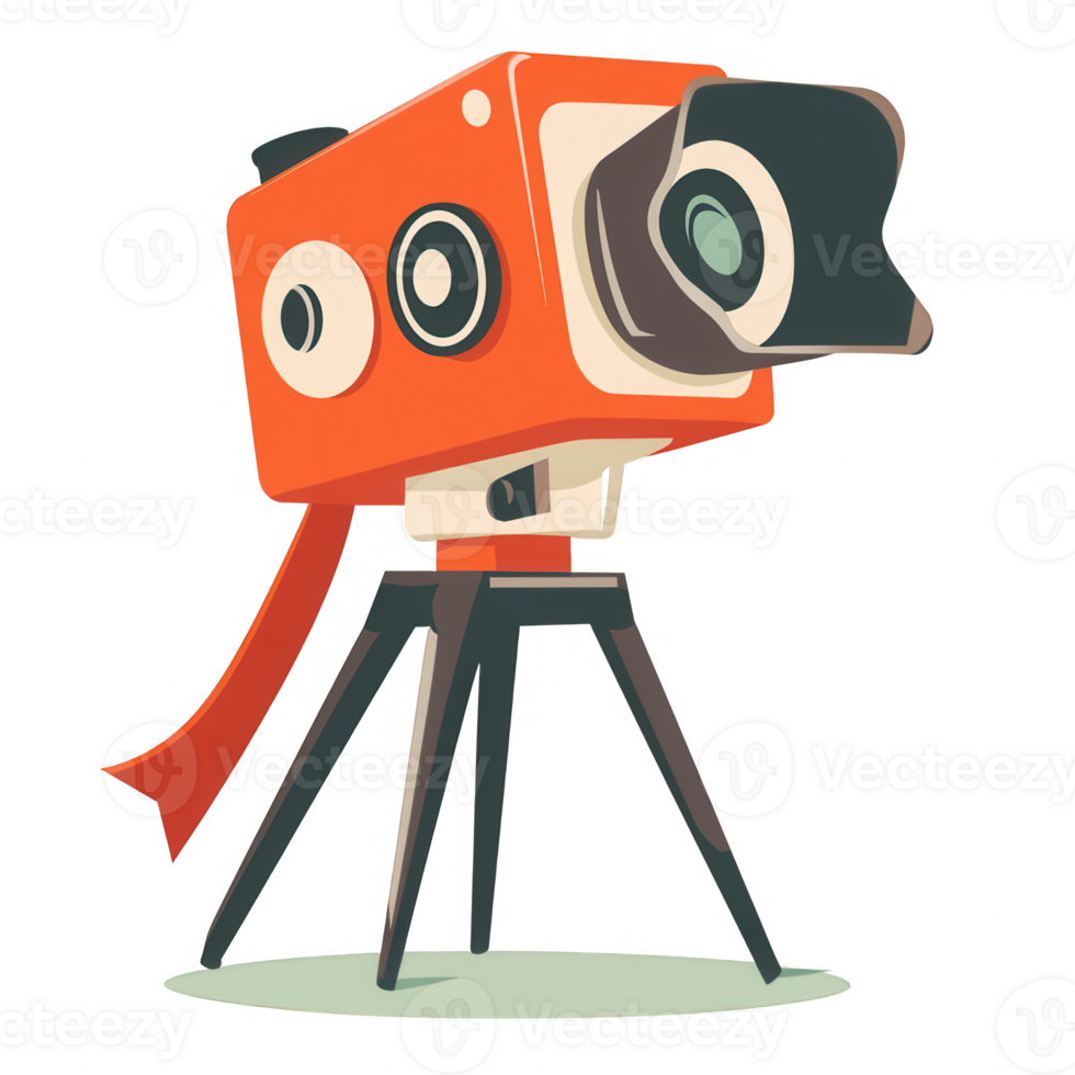 A vibrant illustration of a vintage camera on a tripod with a playful design, ideal for creative projects and photography-related content. png