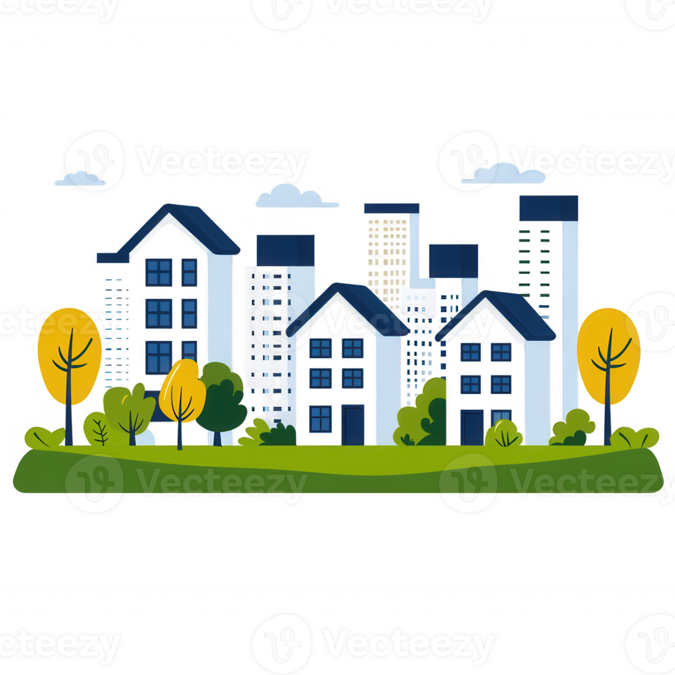 A vibrant illustration of modern buildings surrounded by lush greenery and trees, set against a clear sky, symbolizing urban development and environmental harmony. png