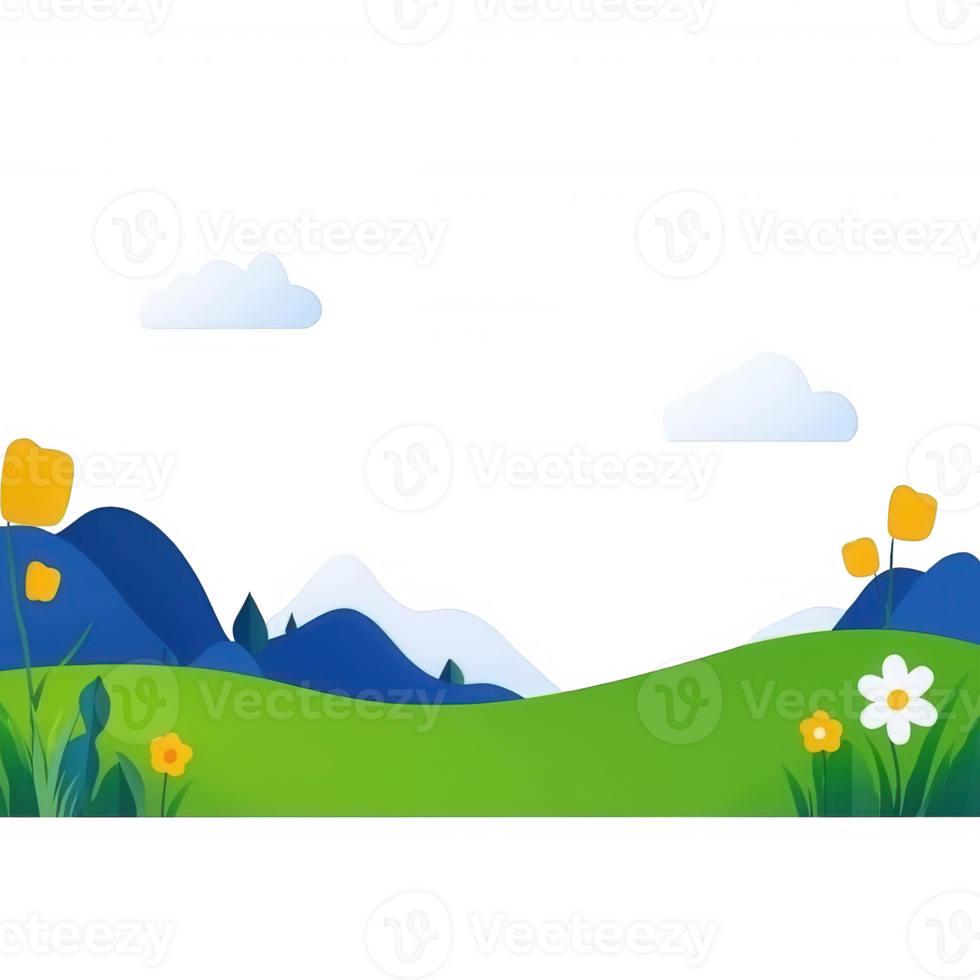 A vibrant illustration of rolling hills, blooming flowers, and a clear blue sky, featuring cartoon-style mountains and clouds in a cheerful, sunny setting. png