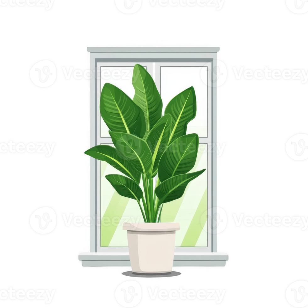 A vibrant indoor plant in a white pot beside a large window, creating a refreshing and lively atmosphere, perfect for brightening up any room. png