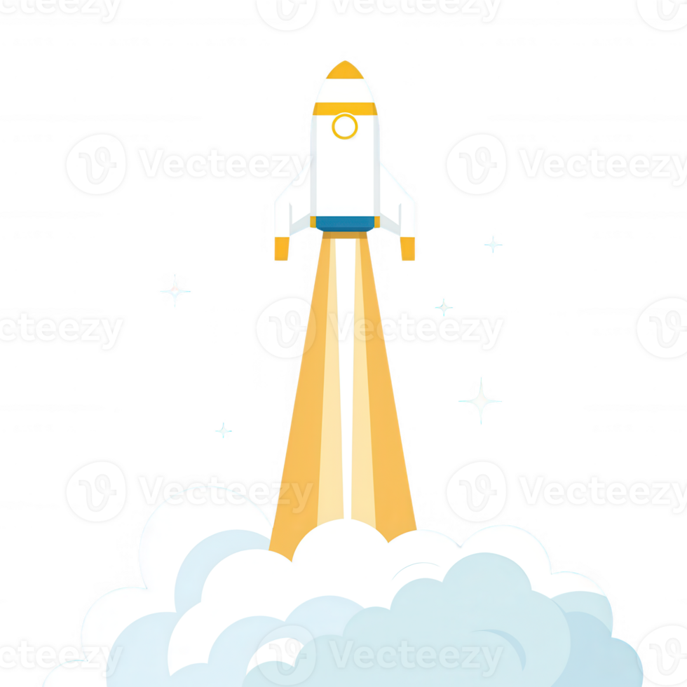 A vibrant rocket launch, symbolizing innovation and progress, with dynamic clouds and sparkling effects, perfect for themes related to exploration and advancement. png