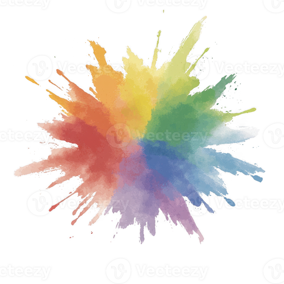 A vibrant splash of watercolor in various colors, creating an artistic burst effect on a white isolated background. png