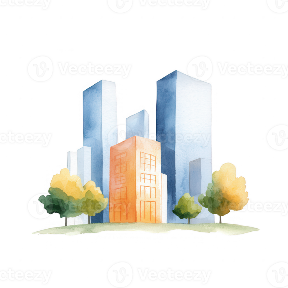A vibrant watercolor illustration of modern skyscrapers surrounded by stylized trees, showcasing urban architecture with a blend of colors on a white background. png