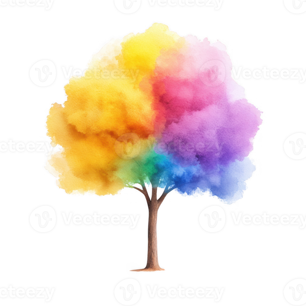 A vibrant tree with colorful clouds of yellow, pink, and blue foliage, set against a white isolated background, symbolizing creativity and nature's beauty. png