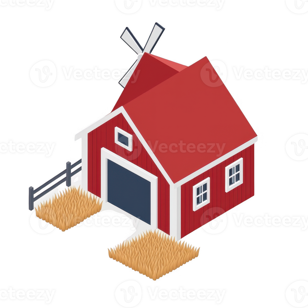 A vibrant, stylized red barn with a windmill, set against a white background. This illustration captures the essence of rural life and farm architecture. png