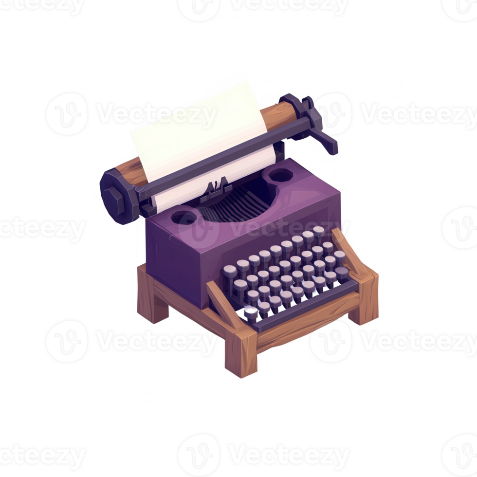 A vintage typewriter with a blank sheet of paper, resting on a wooden stand png