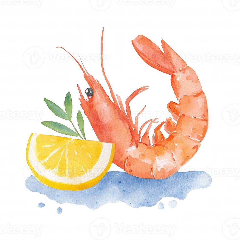A vibrant watercolor illustration of a shrimp next to a slice of lemon and a sprig of greenery, capturing the essence of fresh seafood against a clean background. png