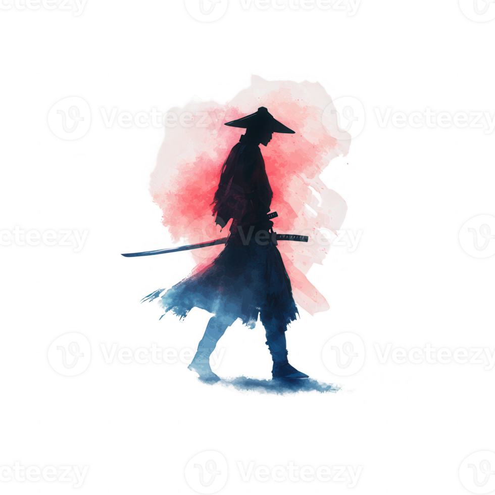 A watercolor silhouette of a samurai walking with a sword, against a soft gradient background of red and blue, evoking themes of strength and tradition. png