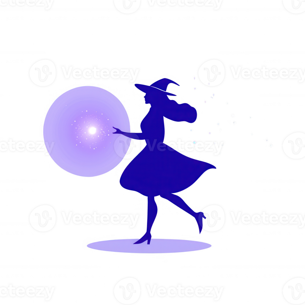 A whimsical silhouette of a woman in a flowing dress, dancing playfully with a luminous orb, surrounded by sparkling magic effects on a transparent background. png
