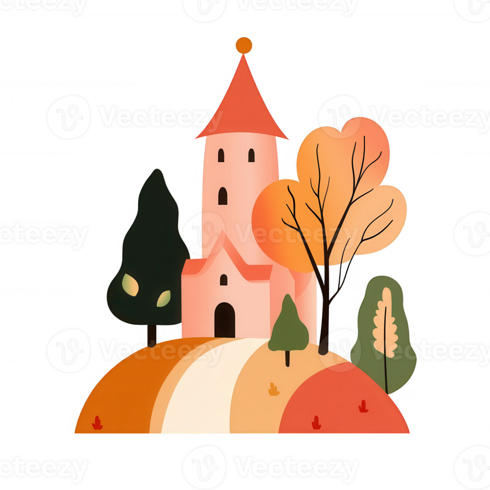 A whimsical illustration of a charming castle surrounded by colorful autumn trees on a hill, creating a serene and enchanting atmosphere. png