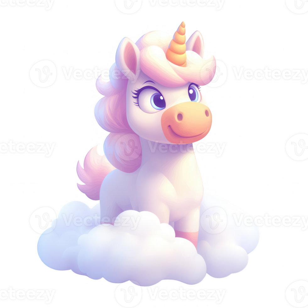 A whimsical unicorn character with a pastel color scheme, sitting on a fluffy cloud against a white background, embodying magic and fantasy. png