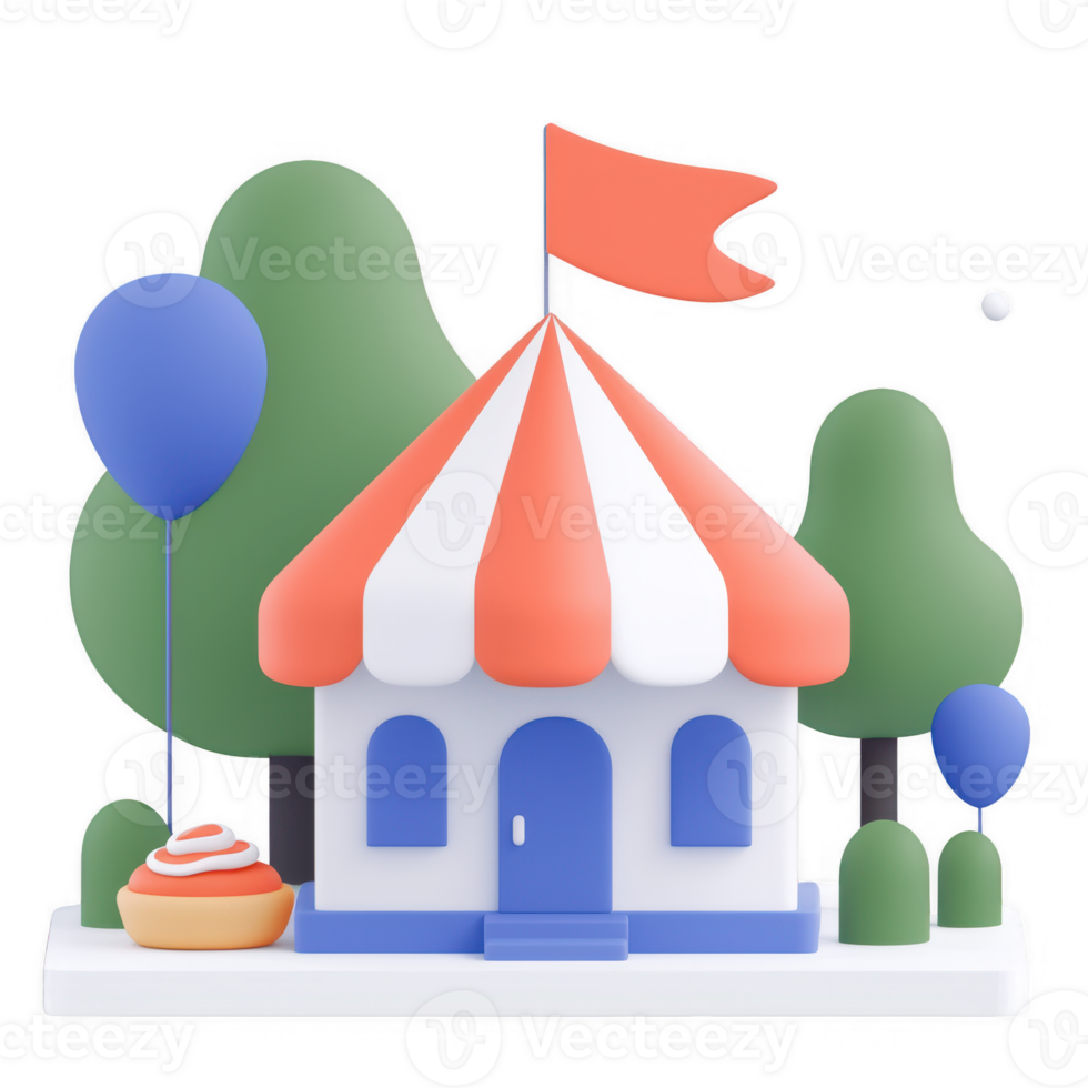 A whimsical carnival booth with vibrant striped roof, decorative balloons, and lush green trees creating a fun and inviting atmosphere. png