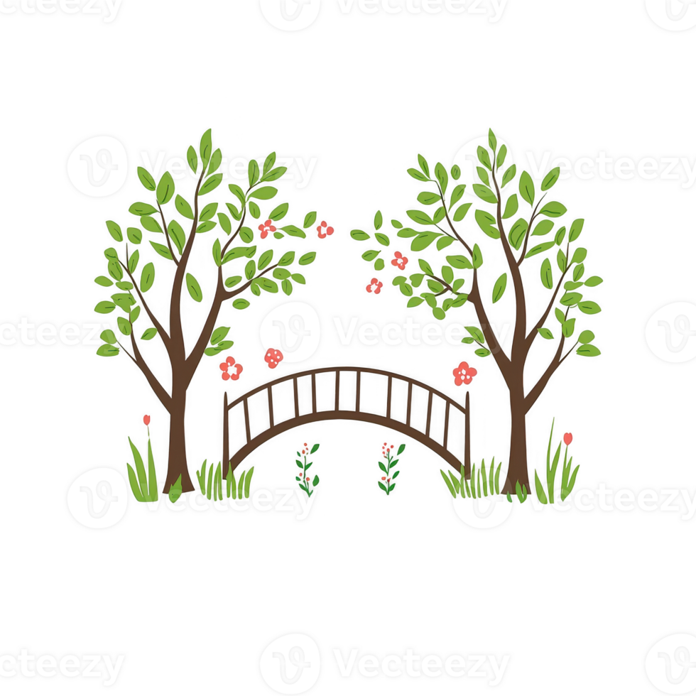 A whimsical illustration of a wooden bridge surrounded by lush green trees and blooming flowers, creating a serene and enchanting outdoor scene. png