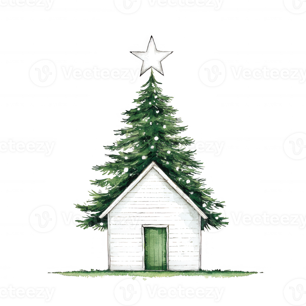 A whimsical illustration of a Christmas tree topped with a star, positioned beside a quaint white house with a green door, set against a clean white background. png