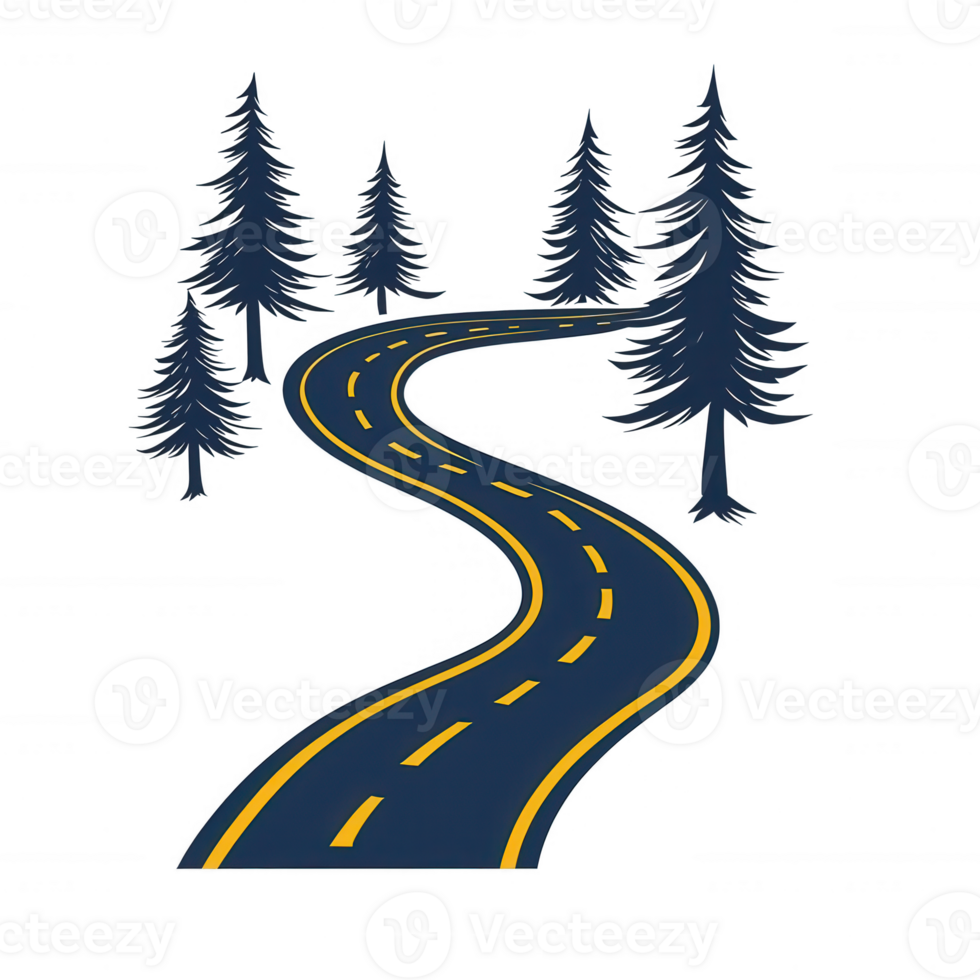 A winding road through a forest of pine trees, showcasing a peaceful journey. Ideal for outdoor adventures and travel themes. png