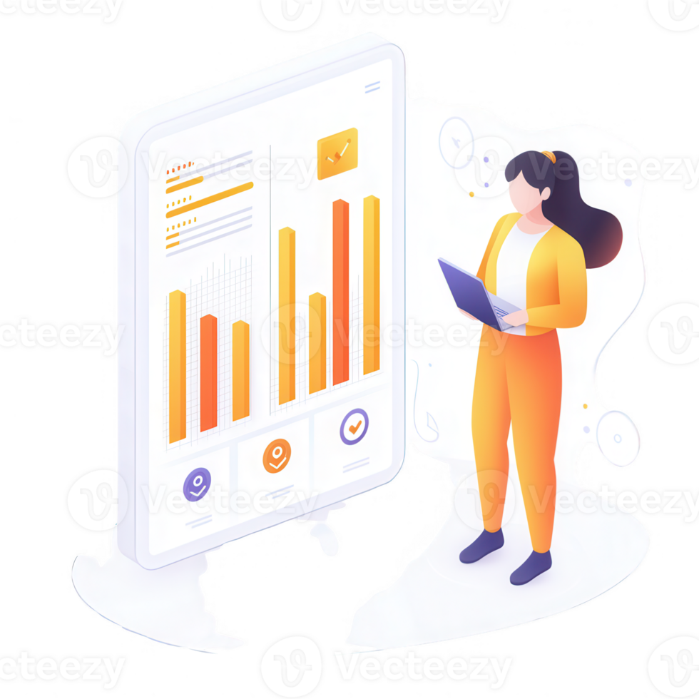 A woman analyzing data on a digital screen displaying colorful graphs. It represents business analytics and performance metrics. png