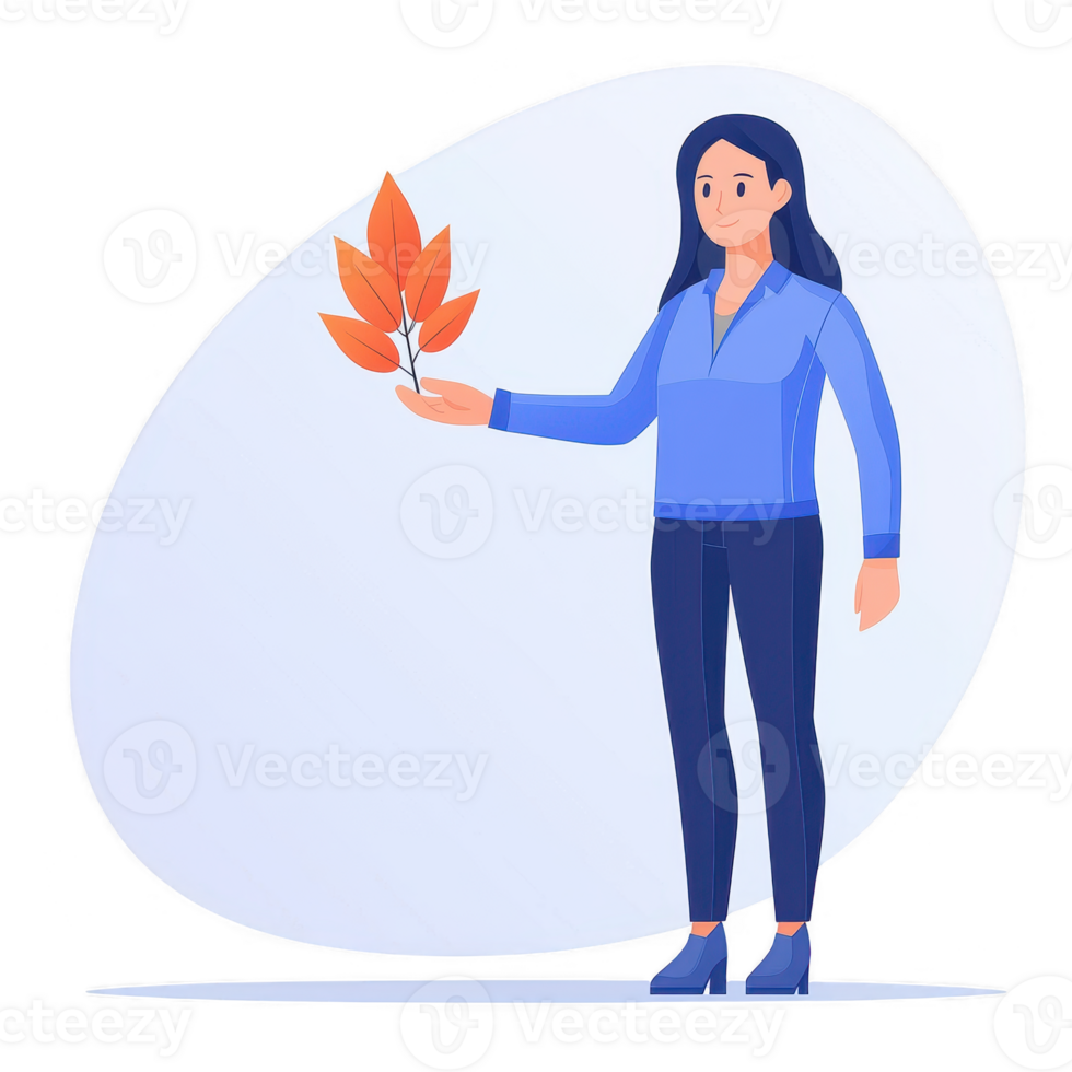 A woman holding colorful autumn leaves, standing against a soft gradient background, showcasing a connection with nature and the changing seasons. png