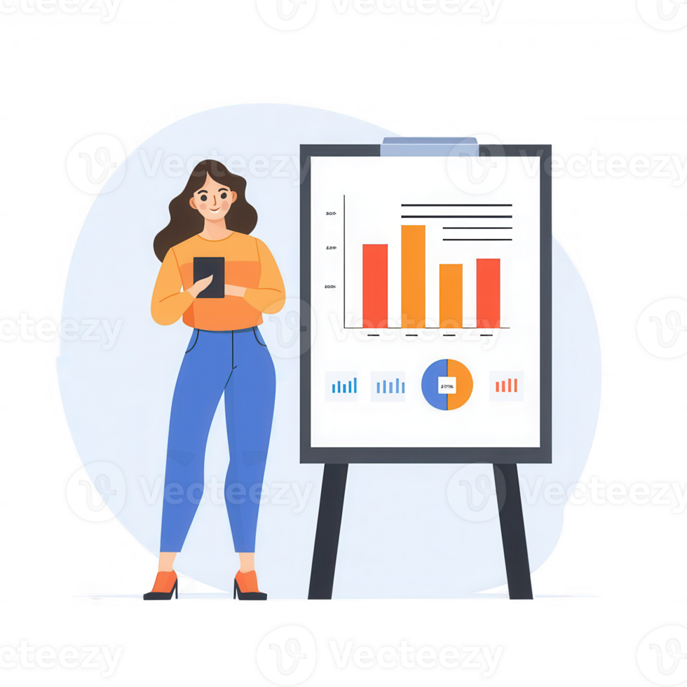 A woman standing beside a presentation board with colorful charts and graphs. She is holding a tablet, showcasing data analysis, in a modern office setting. png