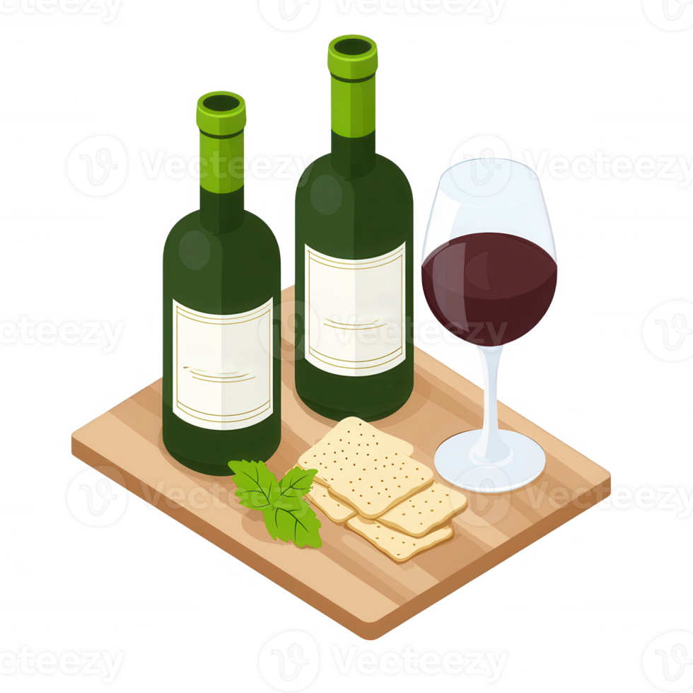 A wooden platter featuring two green wine bottles, a glass of red wine, crackers, and fresh mint leaves, displayed on a white background. png