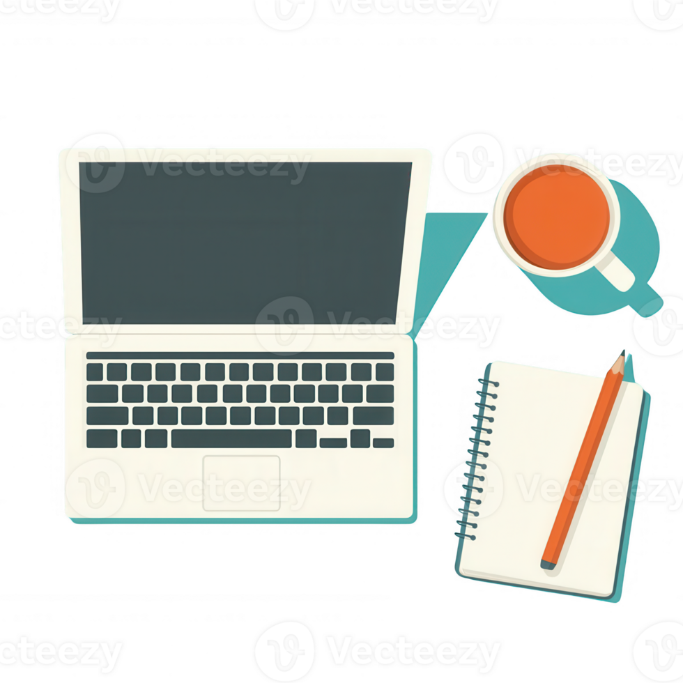 A workspace setup featuring a laptop, a notebook with a pen, and a coffee cup, perfect for productivity and creativity in a modern work environment. png