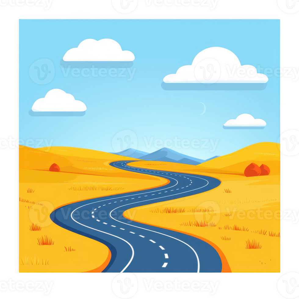A winding road traversing through a golden landscape, with rolling hills and a blue sky scattered with clouds, evoking a sense of adventure and tranquility. png