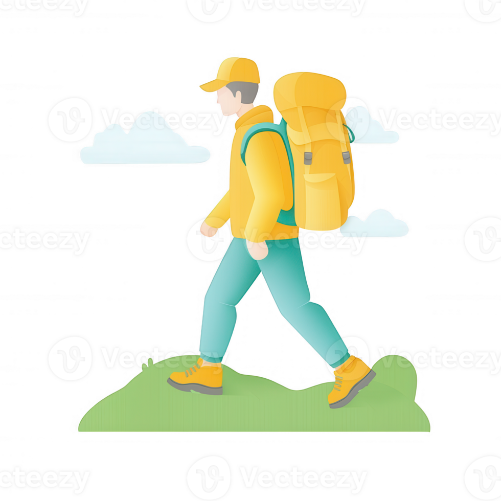 A young hiker wearing a yellow jacket and backpack takes a trek across a green hill against a backdrop of fluffy clouds. png
