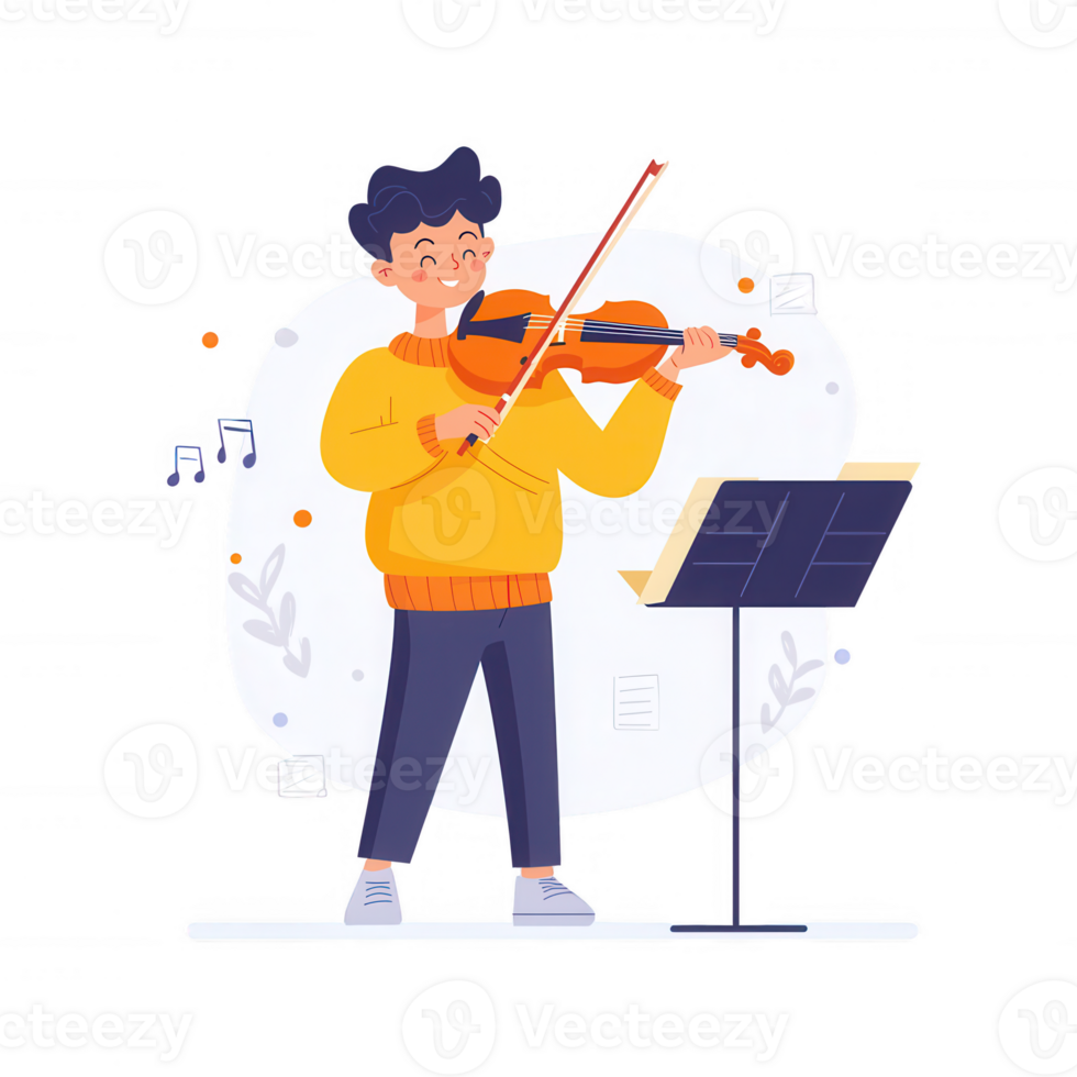 A young boy in a bright yellow sweater plays the violin with joy, surrounded by musical notes. His enthusiasm reflects a love for music and creativity, showcasing a vibrant moment. png