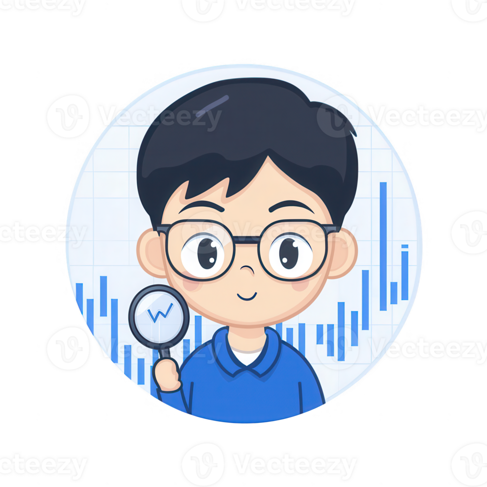 A young cartoon character with glasses analyzing data trends with a magnifying glass against a graph background. Perfect for illustrating analysis and finance concepts. png