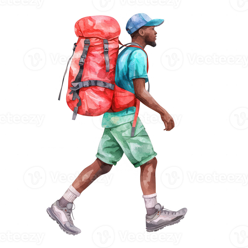 A young hiker with a red backpack, walking confidently on a journey. Ideal for outdoor and travel-themed projects. Perfect for adventure lovers and nature enthusiasts. png