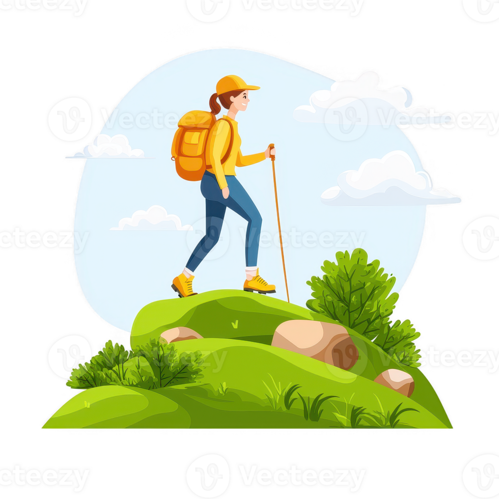 A young hiker climbing a green hill, enjoying nature with a backpack and stick. The scene includes lush vegetation and a bright sky with fluffy clouds, capturing outdoor adventure. png