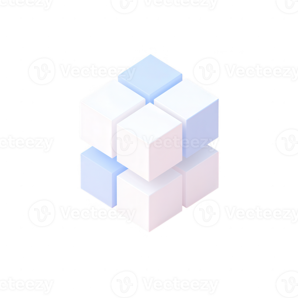 Abstract design of stacked cubes in soft blue and white colors, ideal for creative projects, presentations, or digital art. Isolated on a transparent background for versatility. png