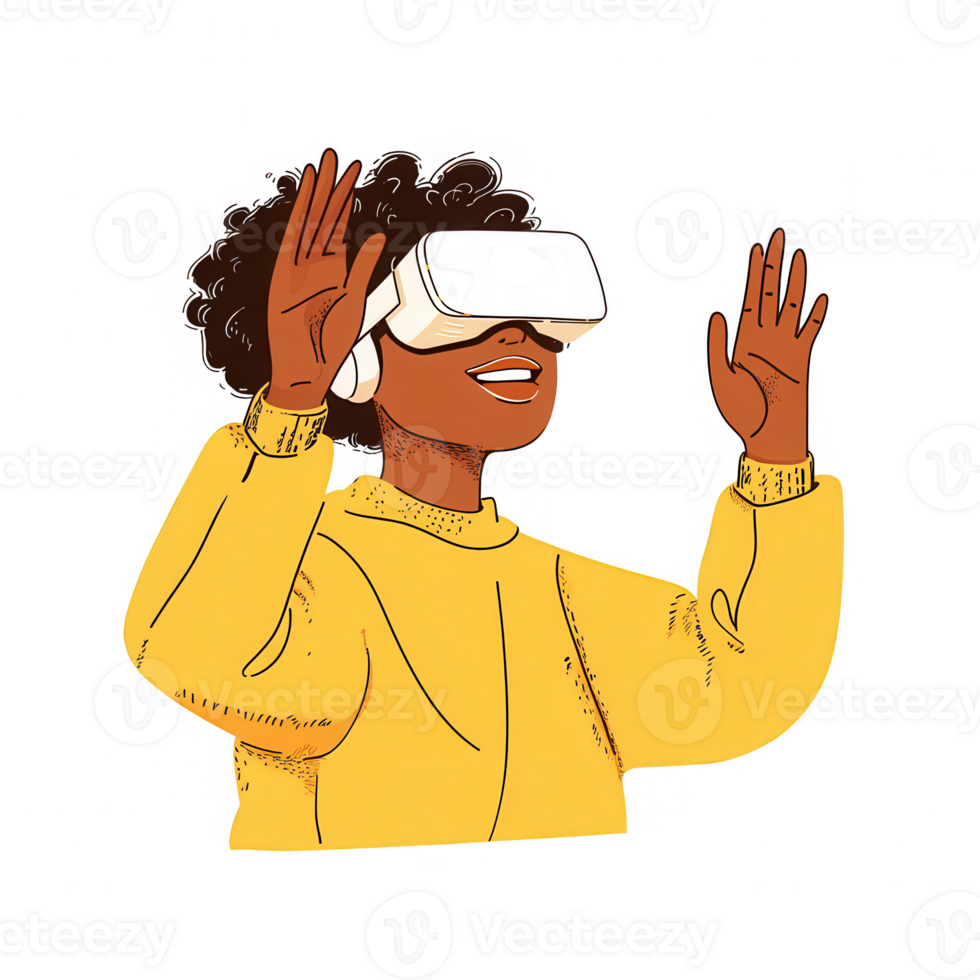 A young person joyfully immersed in a virtual reality experience, wearing a VR headset and expressing excitement, with a neutral background to emphasize the subject. png