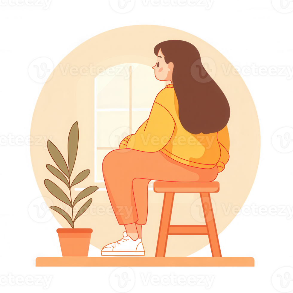 A young woman sits on a stool next to a window, lost in thought, with a potted plant beside her. The warm colors create a cozy atmosphere, inviting reflection and tranquility. png