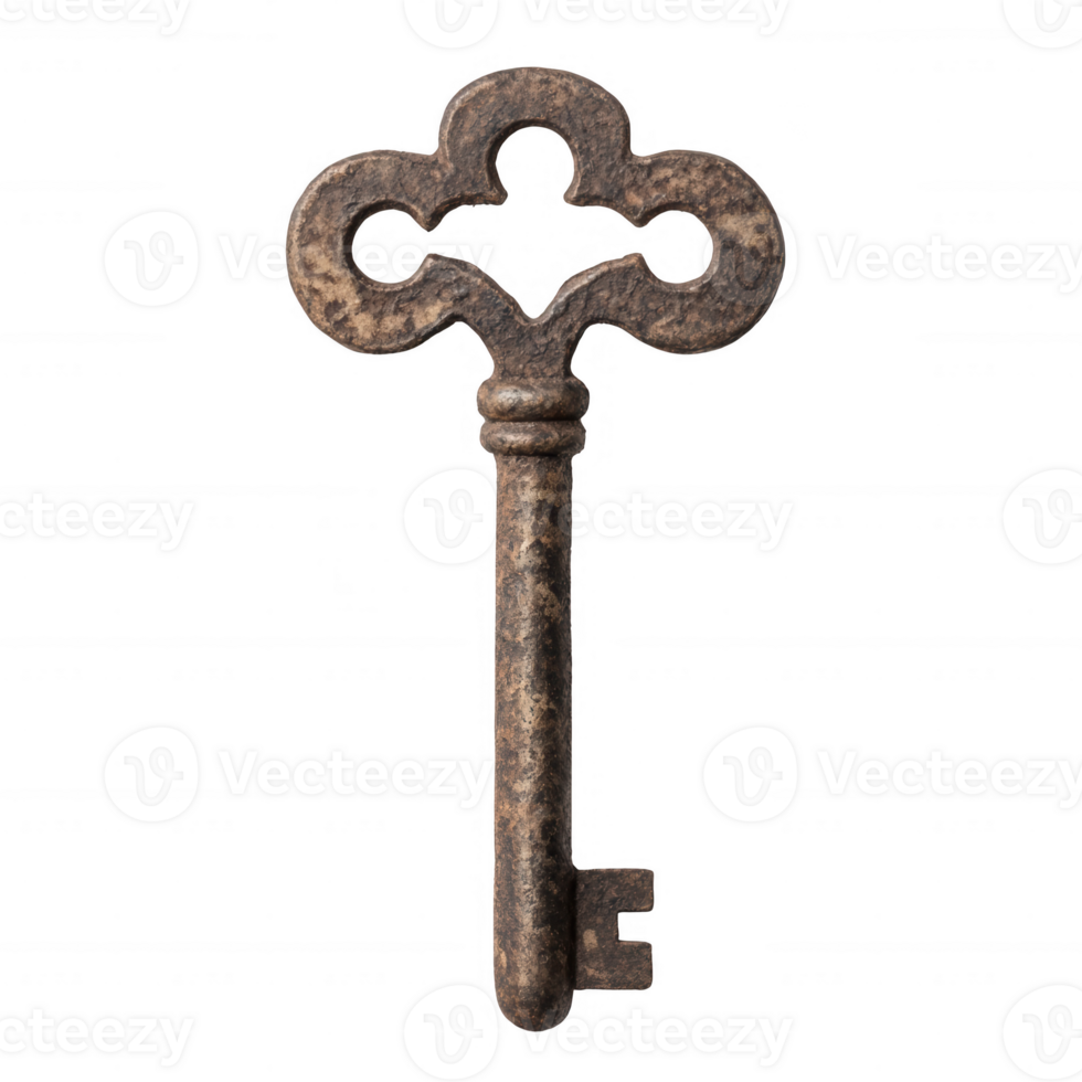 An antique key with intricate designs and a weathered finish, set against a white isolated background, perfect for illustrating security, mystery, or vintage themes. png