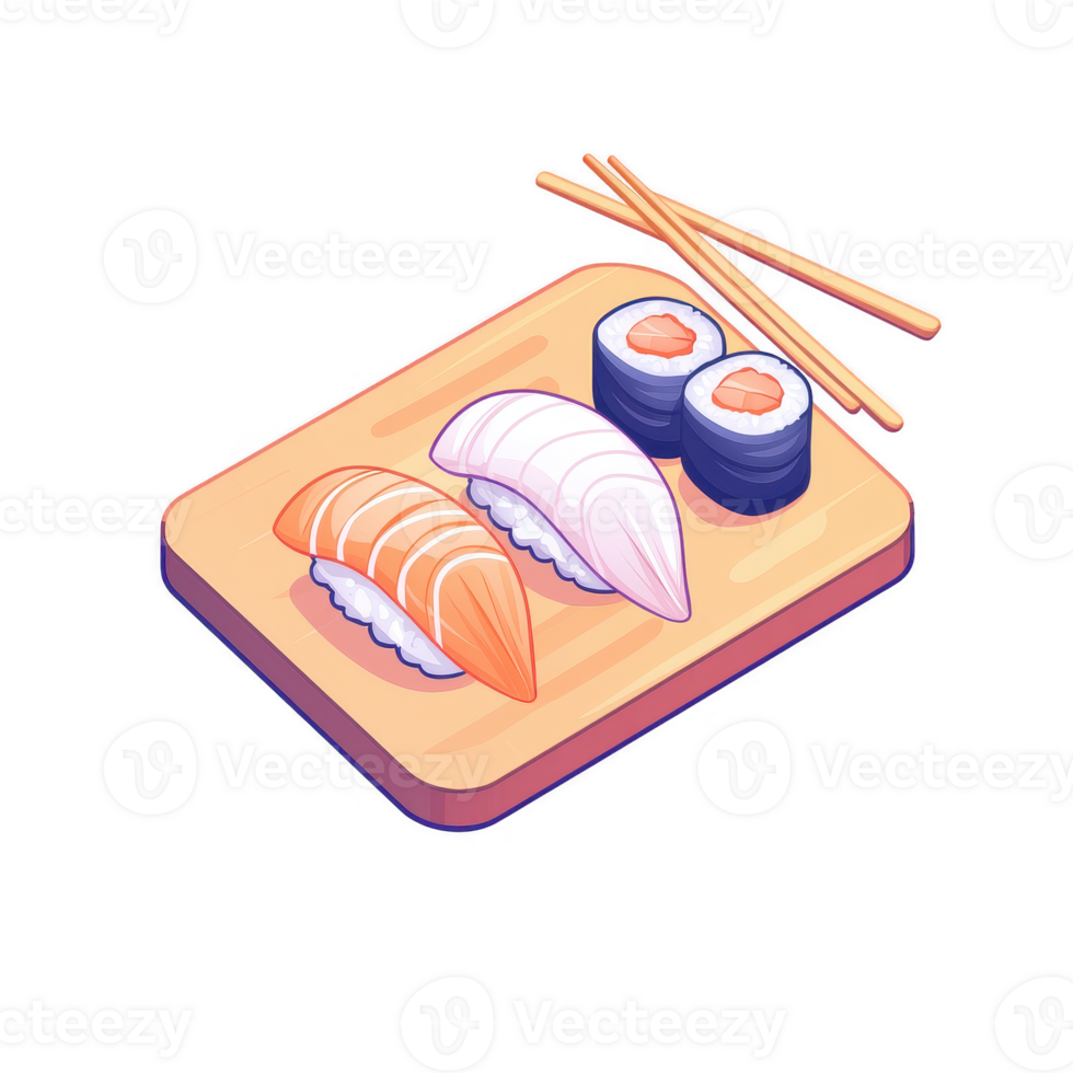 An artistic depiction of sushi on a cutting board with chopsticks. The vibrant colors and intricate details showcase the culinary art of Japanese cuisine. png