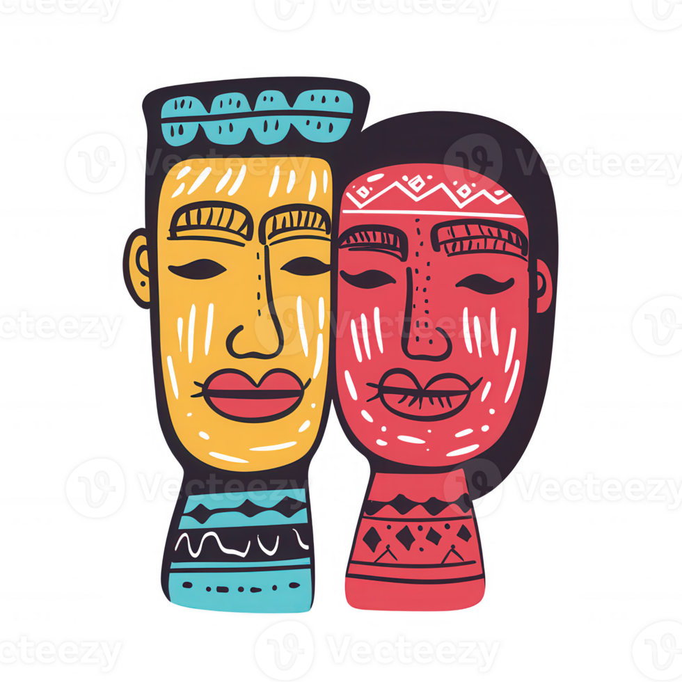 Abstract illustration of two colorful stylized faces representing unity and diversity, set against a white background. png