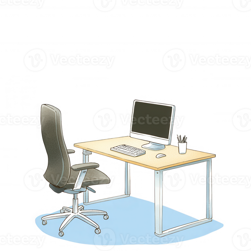 An illustration of a modern office workspace featuring a desk with a computer, a comfortable chair, and stationery on a blue area rug. png