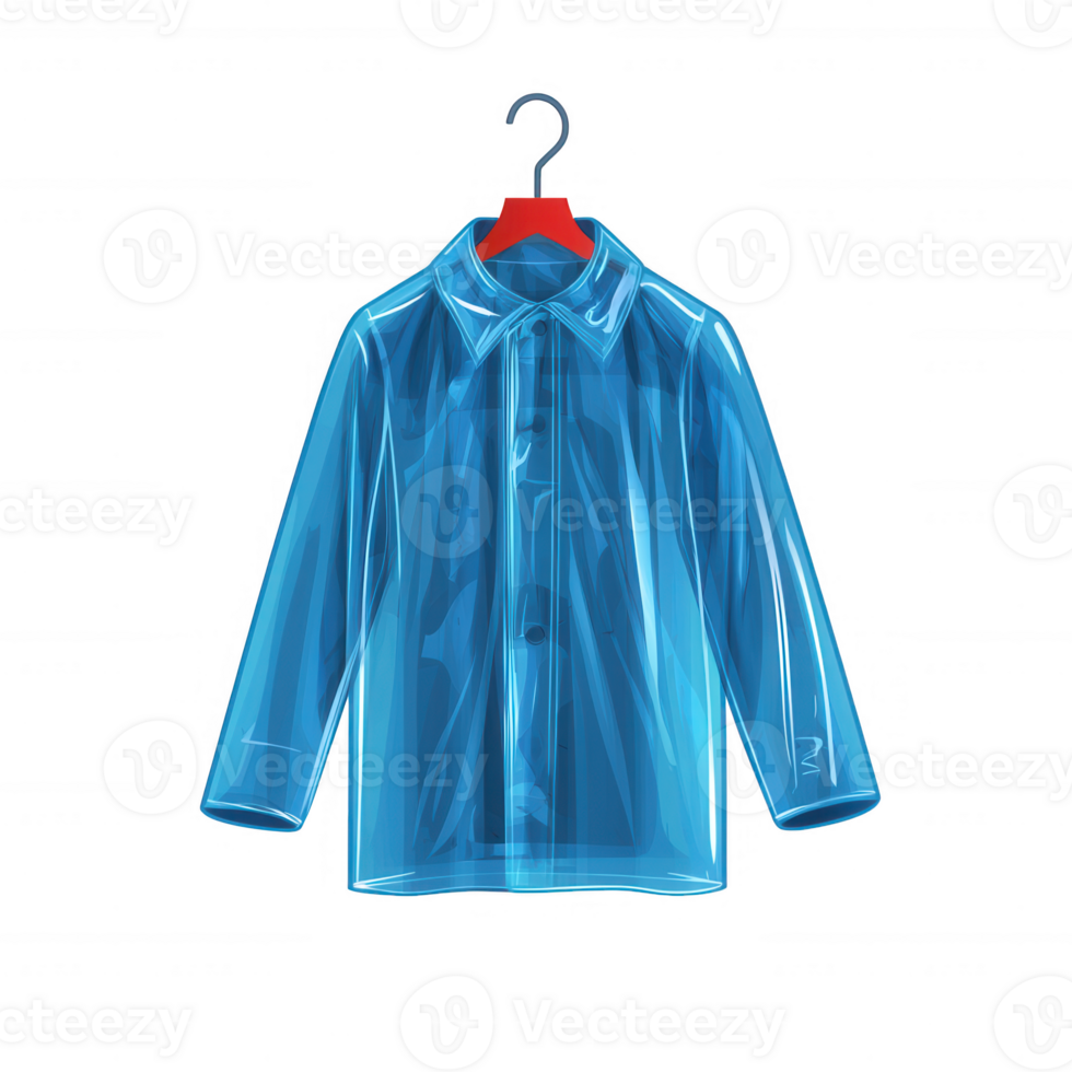 Blue plastic raincoat displayed on a red hanger, perfect for protecting against wet weather, showcasing modern design and functionality. png