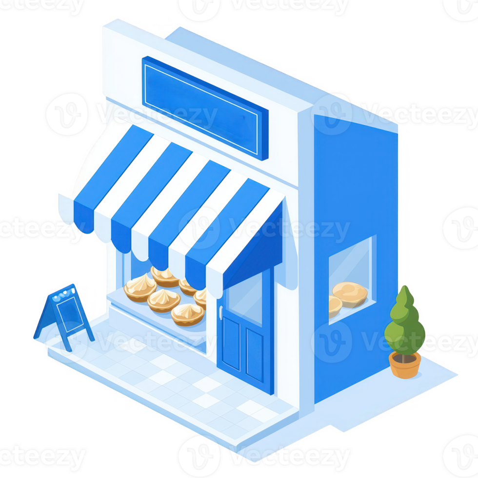 Charming blue bakery shop with striped awning showcasing delicious pastries, surrounded by a small potted plant, perfect for food enthusiasts and local businesses. png