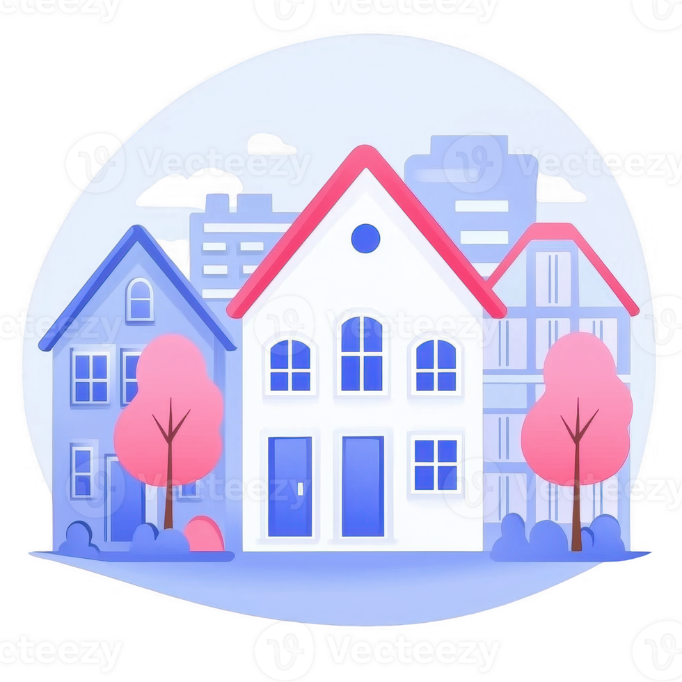 Charming illustration of colorful houses surrounded by trees and a cityscape, perfect for real estate or urban living themes, set against a light background. png