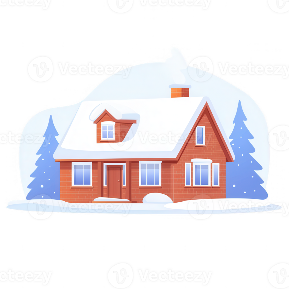 Charming winter house surrounded by snow-covered trees, featuring a classic red brick design, perfect for holiday themes and cozy atmospheres. png