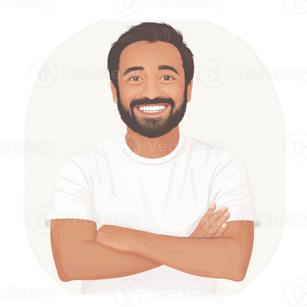 Cheerful man with a beard, smiling and posing confidently with arms crossed, wearing a plain white shirt, isolated on a light background. png